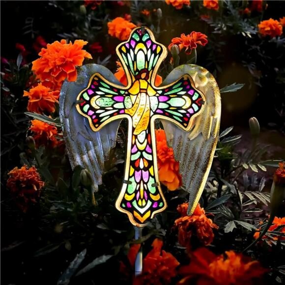 Solar Glass Cross Garden Stake Light, Cemetery Decor for Grave Outdoor Lights - Picture 1 of 7